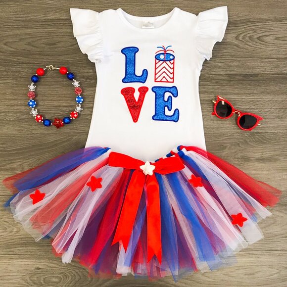Toddler Girls Unicorn American 4th of July Fireworks Outfit Clothing Set 2PCS - Picture 1 of 5